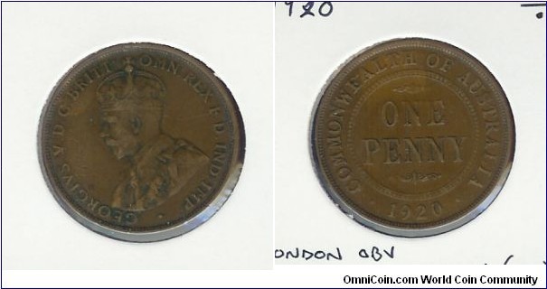 1920 Penny. Dot Below Bottom Scroll. London Obv. Flat base to reverse lettering. Die crack through 'IND'