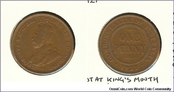 1921 Penny. India Obv. Dot at King's mouth