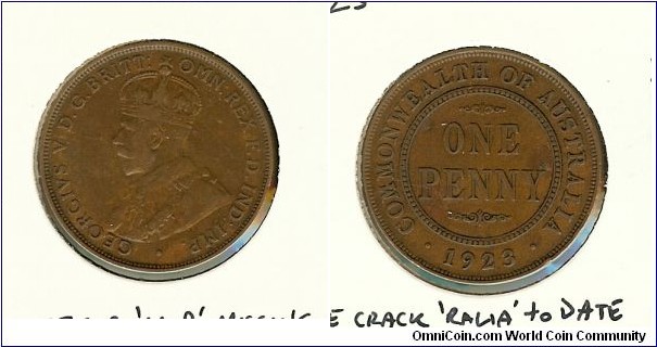 1923 Penny. Flat base of reverse lettering. Die crack 'RALIA' to date. Missing dot after 'IMP'. VERY SCARCE