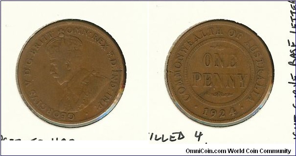 1924 Penny. India Obverse. Filled '4'