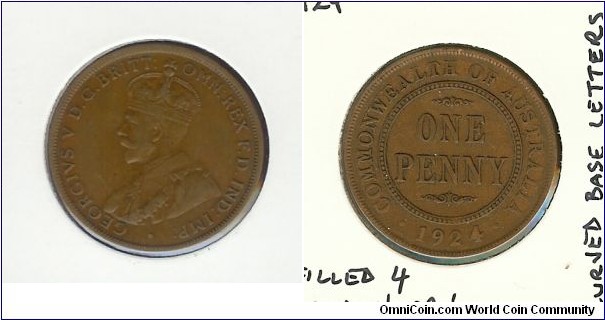 1924 Penny. London Obverse. Cureved base of reverse lettering. Filled '4'.