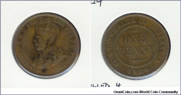 924 Penny. London Obverse. Flat base of reverse lettering. Filled '4'.
