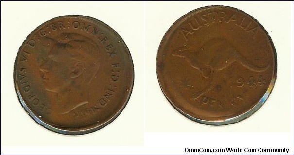 1944 (Y.) Penny. Mis-strike.