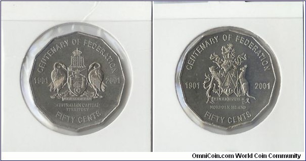 2001 fifty cent. Centenary of Federation. ACT (left) NORFOLK ISLAND (right)