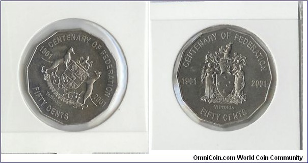 2001 fifty cent. Federation. TAS (right) & VIC (left)