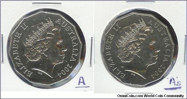 2004 fifty cents. Left - Last 'A' top flat. Right - pointed 'A'