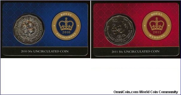 Fifty cent folders. Left - 2010 Royal Engagement. Right - 2011 Royal Wedding