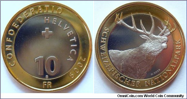 10 francs.
2009, Swiss National Park - Red Deer. Bimetal (Cu-Ni center, Al-Br ring) Weight; 15g. Diameter; 32,85mm. Design; Niklaus Heeb. Mint; Bern (B) Switzerland. Mintage; 95.000 units.