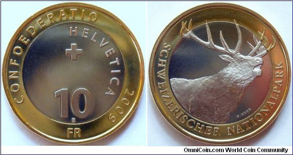 10 francs.
2009, Swiss National Park - Red Deer. Bimetal (Cu-Ni center, Al-Br ring) Weight; 15g. Diameter; 32,85mm. Design; Niklaus Heeb. Mint; Bern (B) Switzerland. Mintage; 95.000 units.