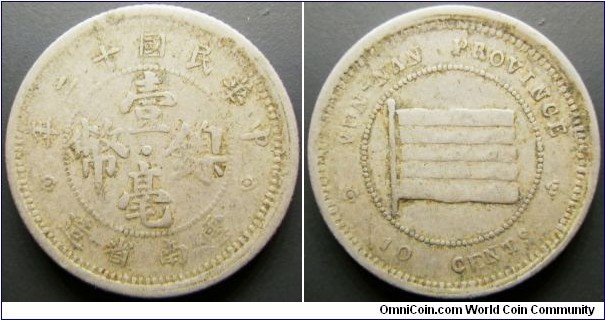 China Yunnan Province 1923 10 cents. Struck in nickel. #1/5. Weight: 4.72g