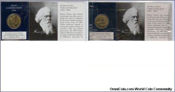 1996 $1 Henry Parkes folder Left - 'C' mint mark (Canberra Show) & Right - 'C' mint mark (Visitor's gallery at the mint)