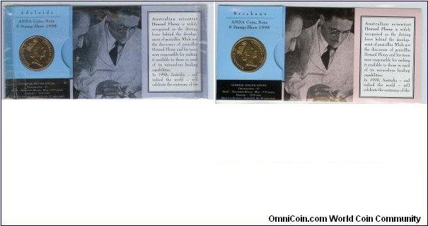 1998 $1 Howard Florey folder Left - 'A' mint mark (Adelaide Show) & Right - 'B' mint mark (Brisbane Show)