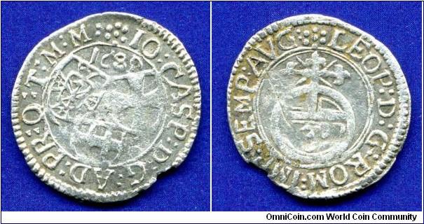 3 kreuzer (Groschen).
Deutscher Orden (Teutonic Order).
Iohann Kaspar II (1664-1684), von Ampringen.
Mainz mint (?).


Ag.