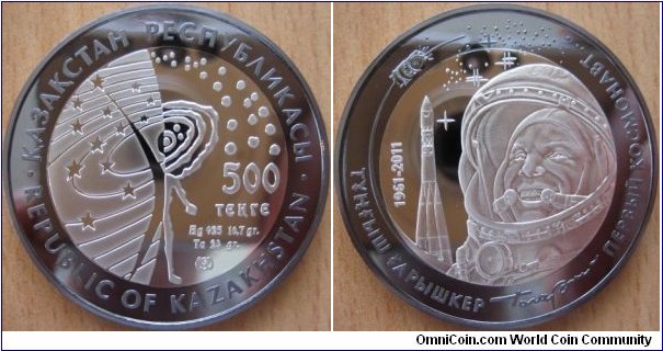 500 Tenge - 50 years of the first flight in space of Yuri gagarin - 40.7 g (16.7 g Ag .925 + 24 g Tantalum) Proof - mintage 5,000