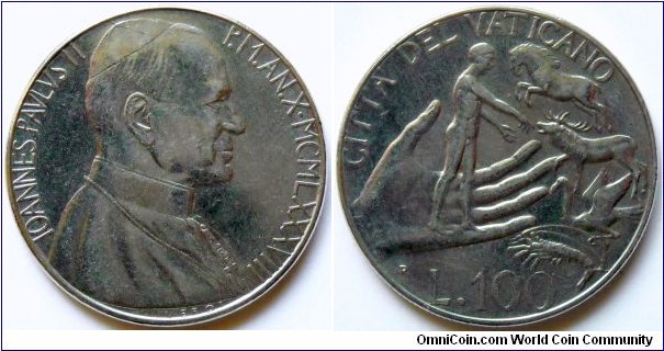 100 lire.
1988, Pontif. Ioannes Paulus II