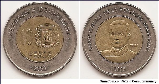 10 Pesos
KM#106
8.2000 g., Bi-Metallic Brass center in Copper-Nickel ring, 27 mm. Obv: Value at left of national arms Obv. Legend: • REPUBLICA DOMINICANA • Rev: Bust of General Mella facing Rev. Legend: BANCO CENTRAL DE LA REPUBLICA DOMINICANA Edge: Segmented reeding