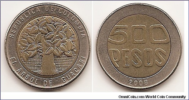 500 Pesos
KM#286
7.4300 g., Bi-Metallic Aluminum-Bronze center in Copper-Nickel ring, 23.58 mm. Obv: Guacari tree within circle Rev: Denomination within circle, date below Edge: Segmented reeding