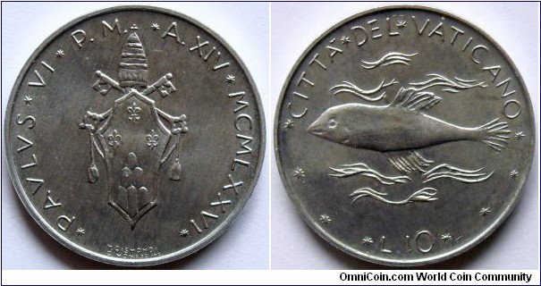 10 lire.
1976, Pontif. Paulus VI