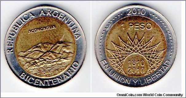 Argentina 
1 Peso 
Bicentenary Aconcagua highest mountain in the Americas at 6,962 m - 22,841 ft