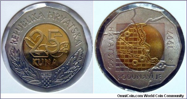 25 kuna. 1997, Danube Border Region. Bimetal (Cu-Al-Ni/Cu-Ni) Weight; 12,75g. Diameter; 32mm. Design; Damir Mateusic. Minted in Zagreb (Hrvatski Novcarski Zavod) Croatia. Mintage; 300.000 units.
