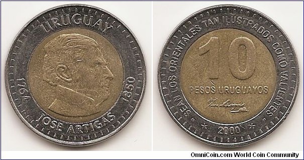 10 Pesos Uruguayos
KM#121
10.4000 g., Bi-Metallic Aluminum-Bronze center in Stainless Steel ring, 28 mm. Obv: Artigas head right within circle Rev: Value above signature within circle Edge: Plain