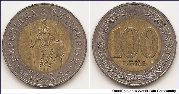 100 Leke
KM#80
6.7000 g., Bi-Metallic Aluminum-Bronze center in Copper-Nickel ring, 24.7 mm. Obv: Teuta, Illyrian queen, stateswoman, reigned 231 BC Rev: Denomination in wreath. Edge: Reeded