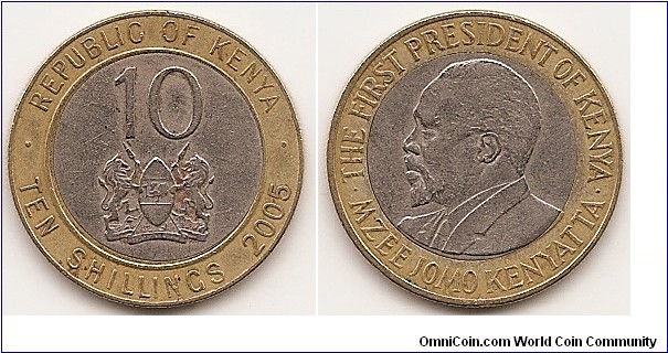 10 Shillings
KM#35
5.0300 g., Bi-Metallic Copper-Nickel center in Aluminum-Nickel-Bronze ring, 22.95 mm. Subject: First President Obv: Value above national arms Obv. Legend: REPUBLIC OF KENYA Rev: Bust of Mzee Jomo Kenyatta left Edge: Reeded