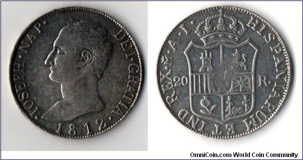 20 reales Napoleon's brother Joseph this coin looks different from all the ones iv see on line in the crown and size of head and chr set any info plz have a look at the crown flowers they are not the same as others iv seen 
this is a fake coin it is 21.8g not 27.07 and sounds flat with ring test 
so its not solid silver 