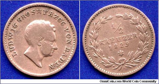 1/2 kreuzer.
Grossherzogthum Baden.
Ludwig (1818-1830), von Baden.
Mintage 204,000 units.


Cu.