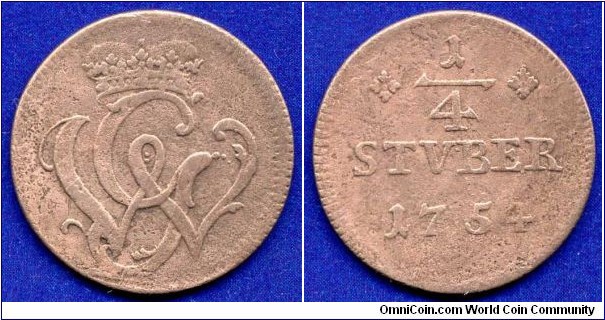 1/4 stuber.
Wied-Runkel.
Iohann Ludwig Adolf (1706-1762).


Cu.