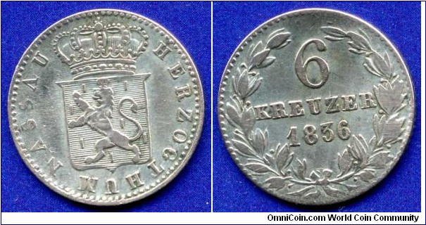 6 kreuzer.
Herzogthum Nassau.
Wilhelm (1816-1839).
Mintage 452,000 units.


Ag375f. 2,22gr.