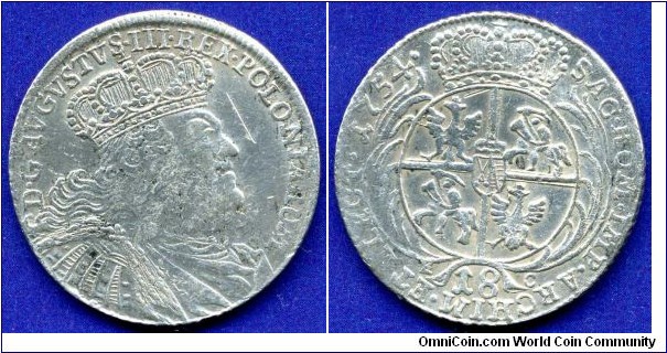 18 Gröscher (Ort, 1/6 Thaler).
Polish-Saxon Union.
Friedrich August III (1733-1763).
*EC* - mintmaster Ernst Dietrich Croll, work on Leipzig mint in 1753-63.
In the Krause catalog, he mistakenly called TYMPF, but in fact it is ORT (1/4 Thaler), impaired, by the time in Poland and Lithuania to 1/6 Thaler.


Ag.
