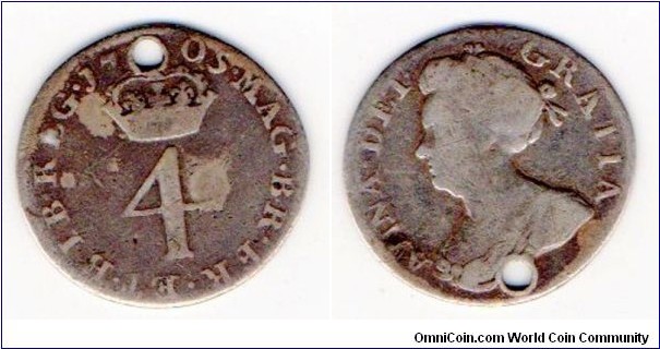 Queen Anne 
Groat-4d holed