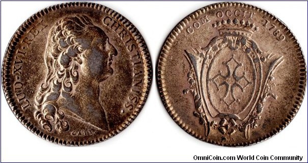 silver jeton minted in 1789 for the Languedoc `parliament'. Obverse bust of Louis XVI by Gatteaux.
