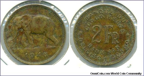 2 Francs, Belgian Congo.