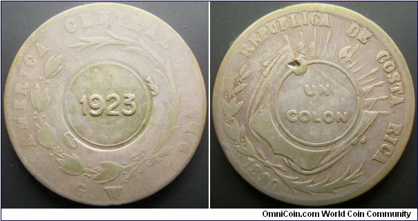 Costa Rica 1923 1 colon countermark over 1890 50 centimos. Weight: 12.45g