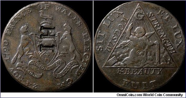 1794 ½ Penny Token, Great Britain.

I have no idea about the countermark.