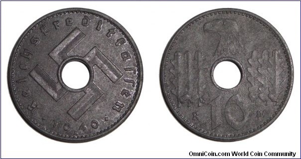 GERMANY (THIRD REICH)~10 Reichspfennig 1940 A. Military issue used in occupied territories only. Mint: Berlin