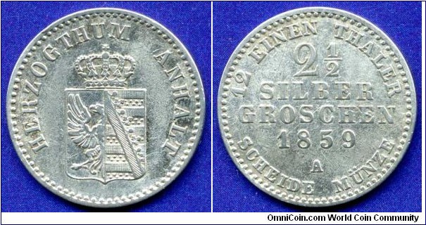 2-1/2 silber groschen.
Herzogthum Anhalt-Bernburg.
Alexander Karl (1834-1863).
*A* - Berlin mint.
Mintage 60,000 units.


Ag375f. 3,24gr.