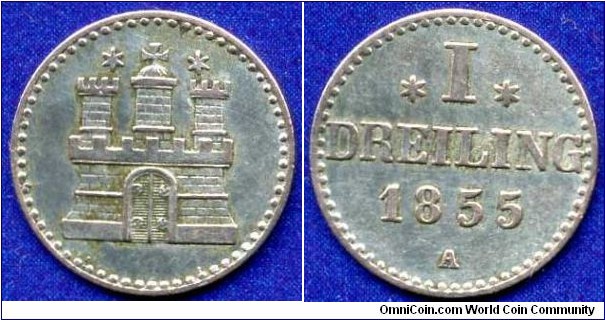 1 dreiling.
Free City Hamburg.
*A*.
Mintage 320,000 units.


Ag187f. 0,51gr.