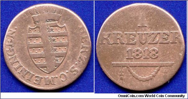 1 kreuzer.
Sachsen-Meiningen.
Bernhard Erich Freund, under regency of Luise Eleonore 1803-1821.
Mintage 90,000 units.


Cu.