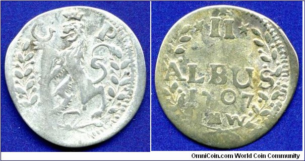 2 albus.
Pfalz-Neuburg.
Iohann Wilhelm (1690-1716).
*IWM* - Heidelberg mint, mintmaster Iohann Michael Wunsch 1694-1709.


Ag.