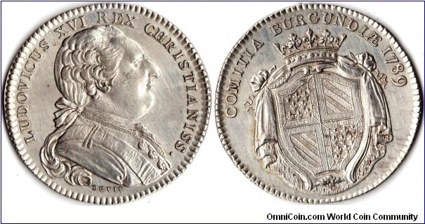 silver jeton (1789 issue)minted for the Estates of Burgundy. Obverse bust of Louis XVI engraved by DuVivier