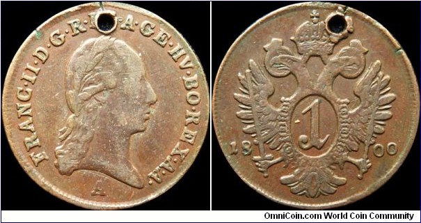 Austria 1 Kreuzer 1800 (holed)