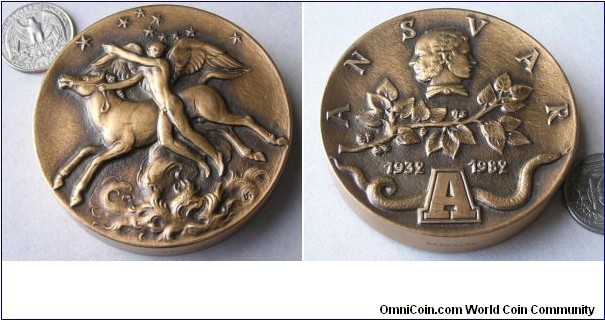 Sweden Ansvar Nude Angel with Horse Medal, Bronze 69 MM. Thick 12 MM. 376 Gm.