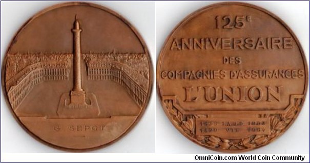 medal issued for the 125th anniversary of 'L'Union', a french assurance company. A rather large 3 dimensional lump of bronze.