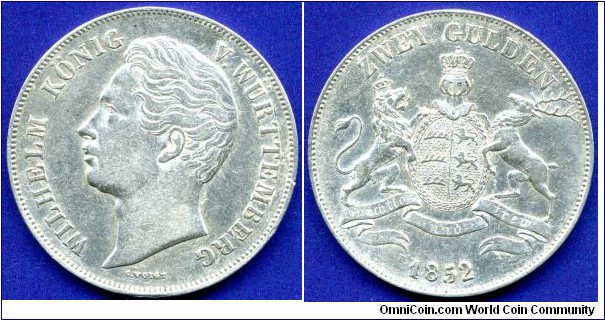 Doppelgulden (2 Gulden).
Kingdom of Württemberg.
Wilhelm I (1816-1864), von Württemberg.
Mintage 225,000 units.


Ag900f. 21,21gr.