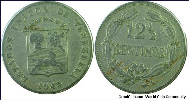 Venezuela 12.5Centimos-y30a-1945