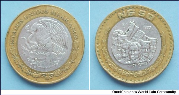Mexico 1993 50 Pesos Circulating Silver Bimetallic 