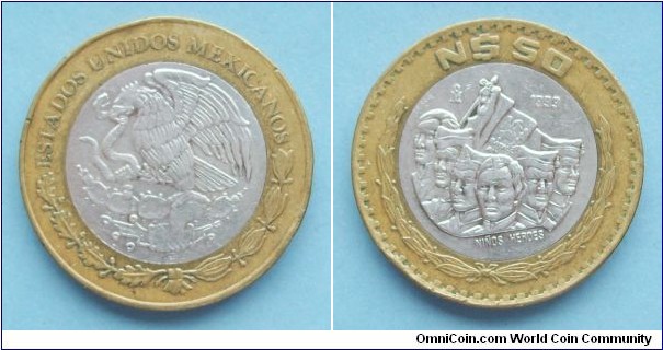 Mexico 1993 50 Pesos Circulating Silver Bimetallic 